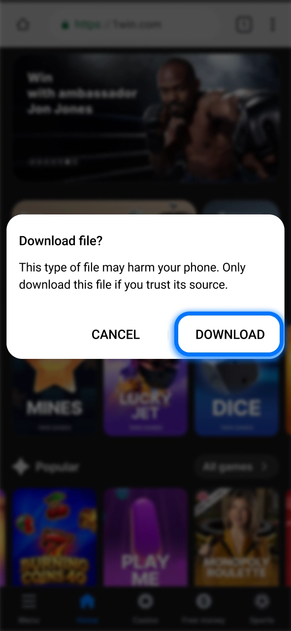 Confirm the 1win APK download and save the file to your device.