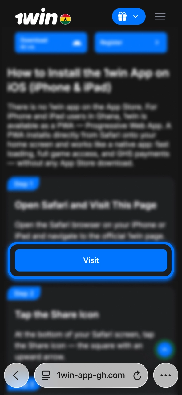 Open the official 1win website in Safari and begin the setup process.