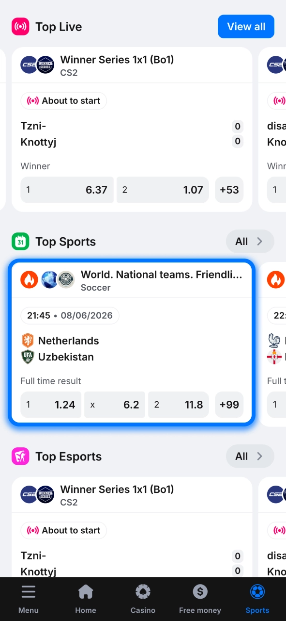 Select a 1win event and build your bet in just a few taps.