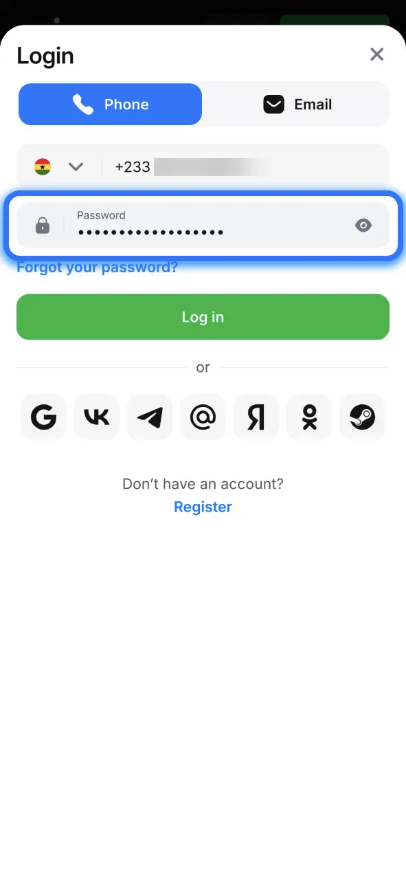 Add your 1win password and keep your account protected.