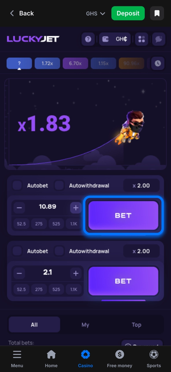 Set your stake in Lucky Jet and time your cashout for maximum rewards.