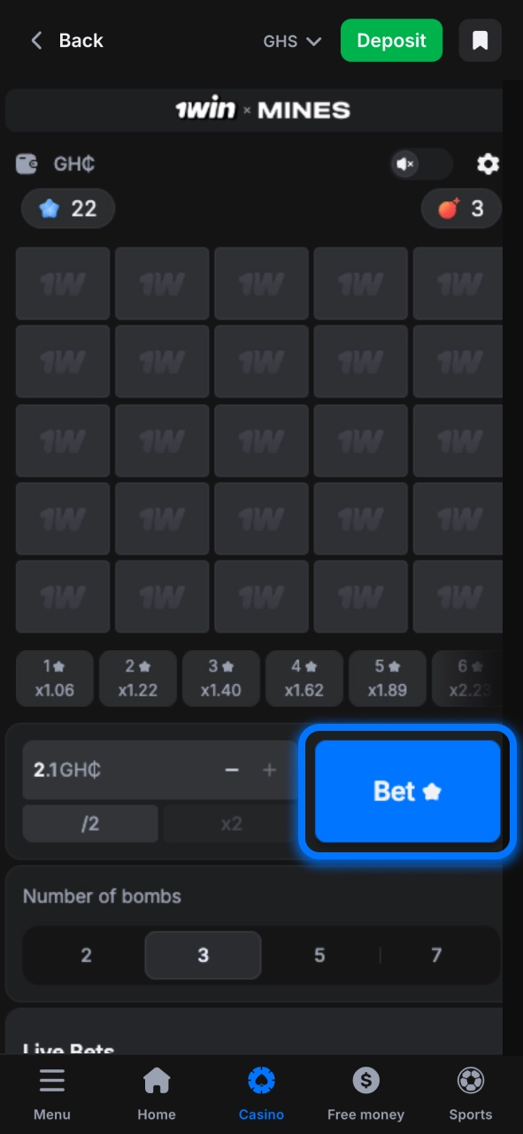 Configure your Mines round and choose the risk level that suits you.