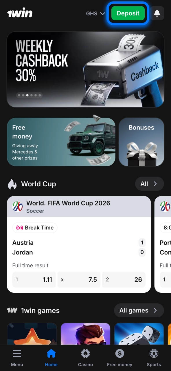 Launch the 1win deposit section and prepare to fund your account.